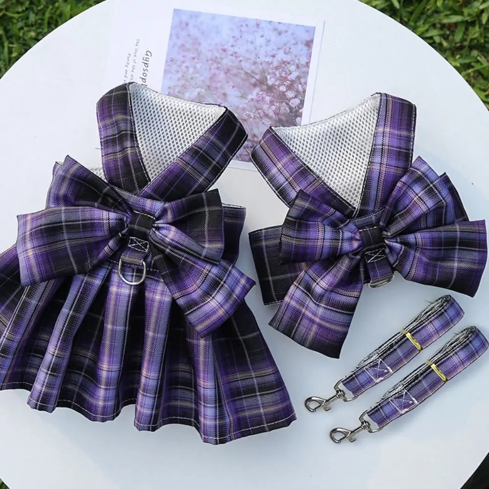 JK Style Pet Plaid Dacron Dress With Leash