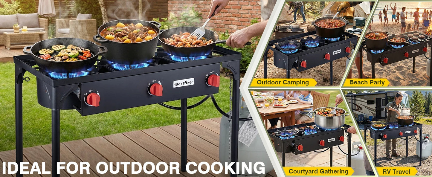 3 Burner Propane Camping Stove With Adjustable Regulator And Removable Legs