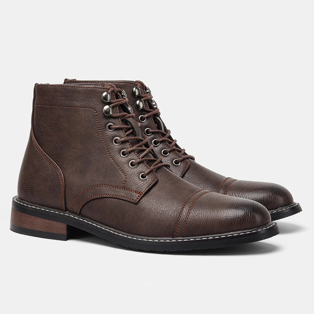 Classic Men's Spring Leather Ankle Boots With Zipper And Metal Decoration