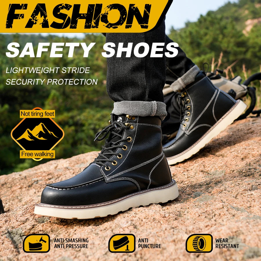 Two Layer Cowhide Men's Anti-Smash Anti-Puncture High Top Work Shoes