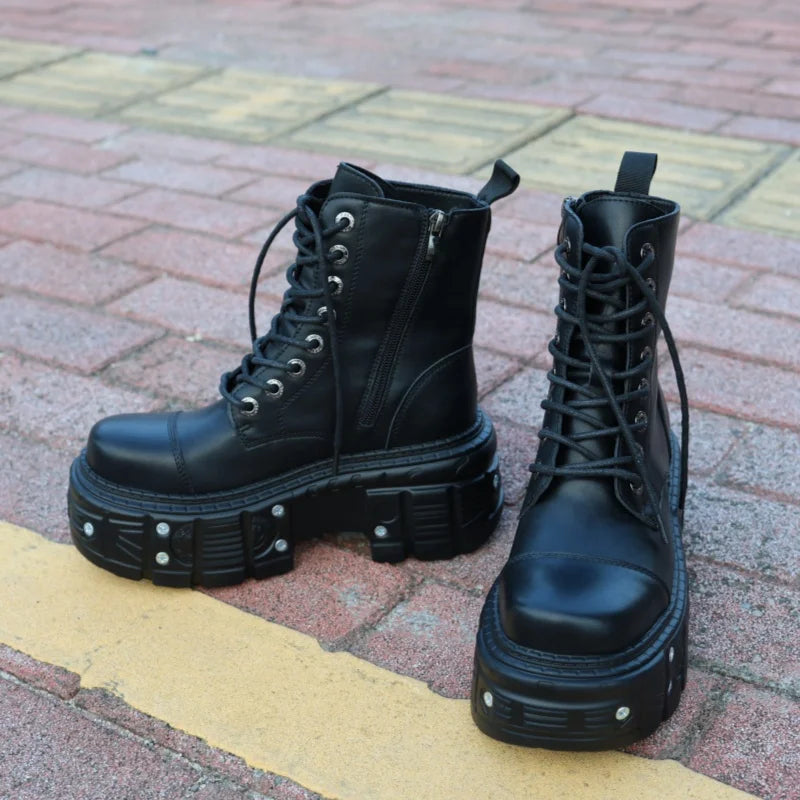 Women Gothic Motorcycle Boots With Metal Decoration And Platform