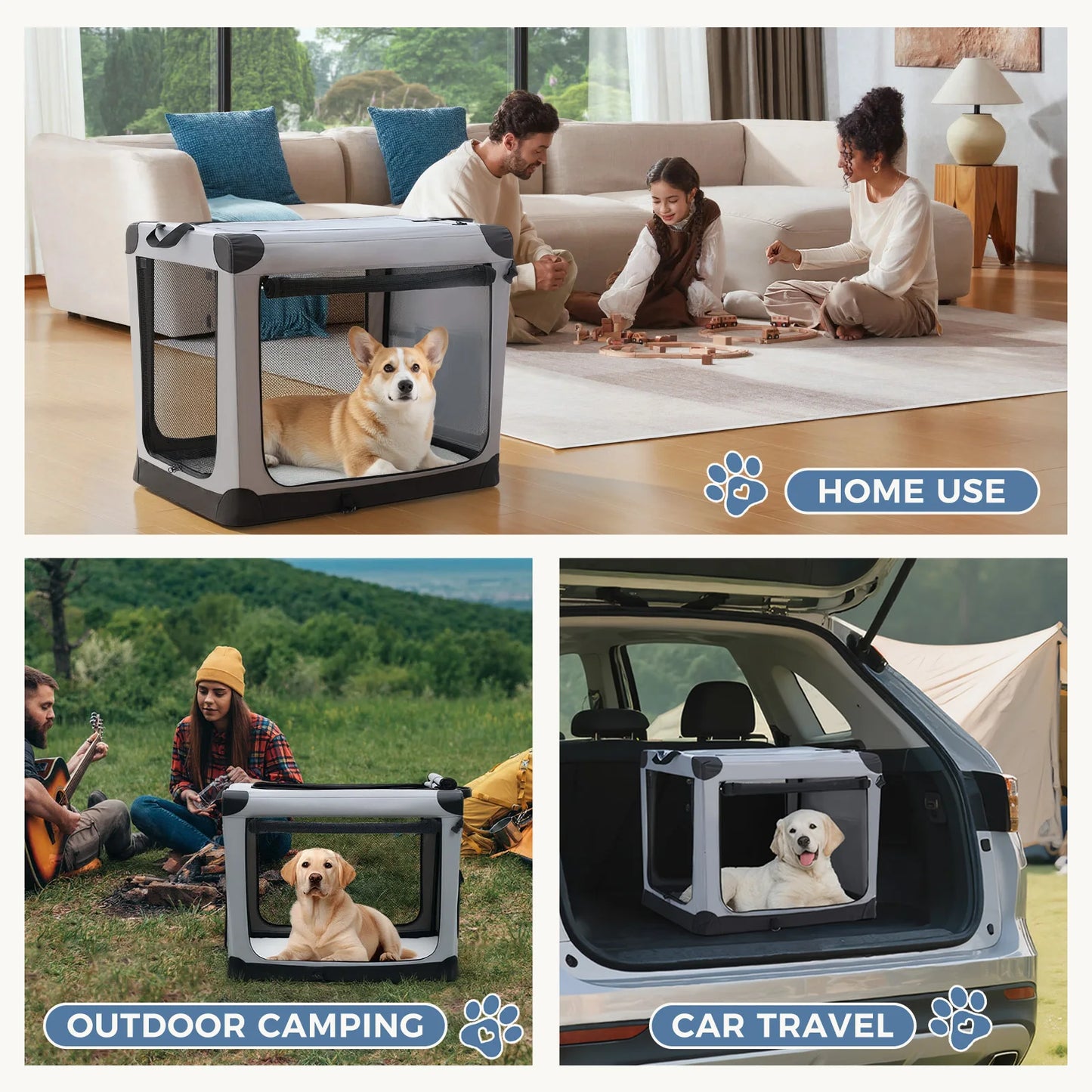 JHK 600D Oxford Foldable Soft Dog Crate With 3 Doors For Indoor Use