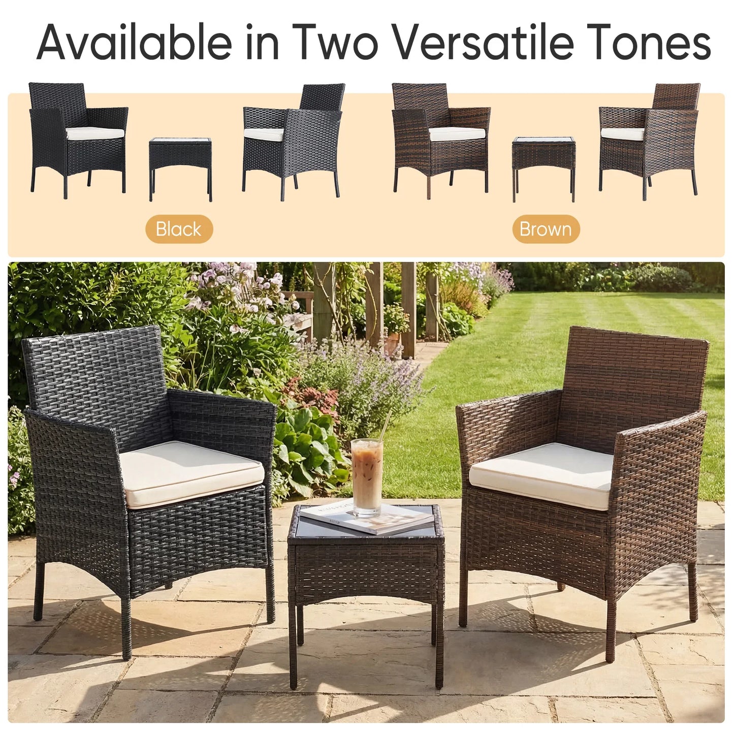 JHK Outdoor Patio Furniture Set With Wicker Chairs Glass Table