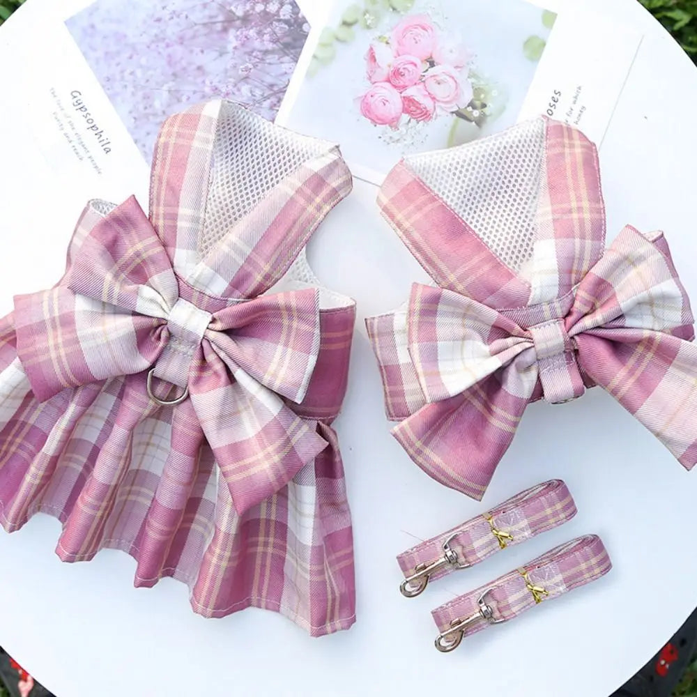 JK Style Pet Plaid Dacron Dress With Leash