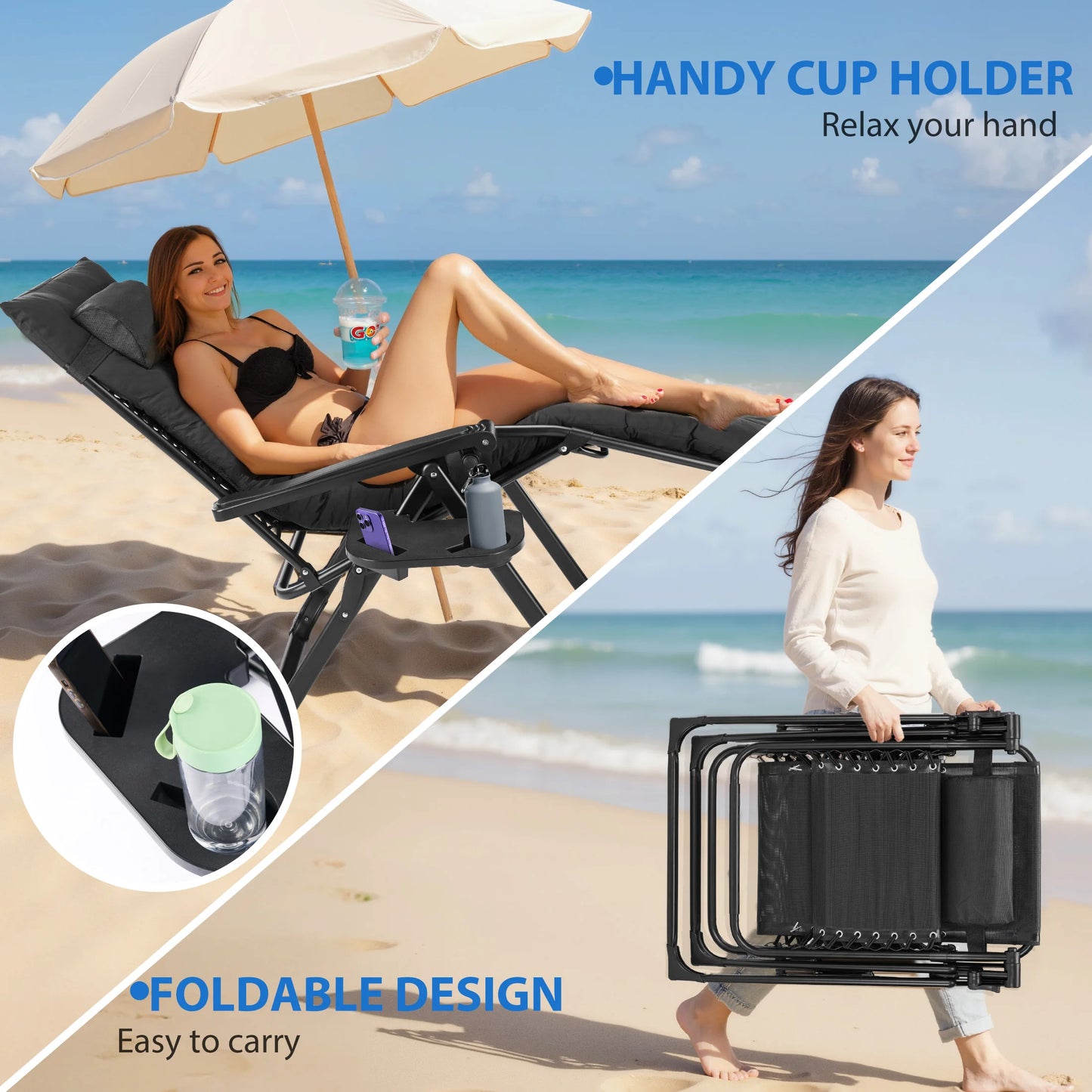 MCQ Zero Gravity Cushioned Lounge Chair Folding Camping Cup Holder