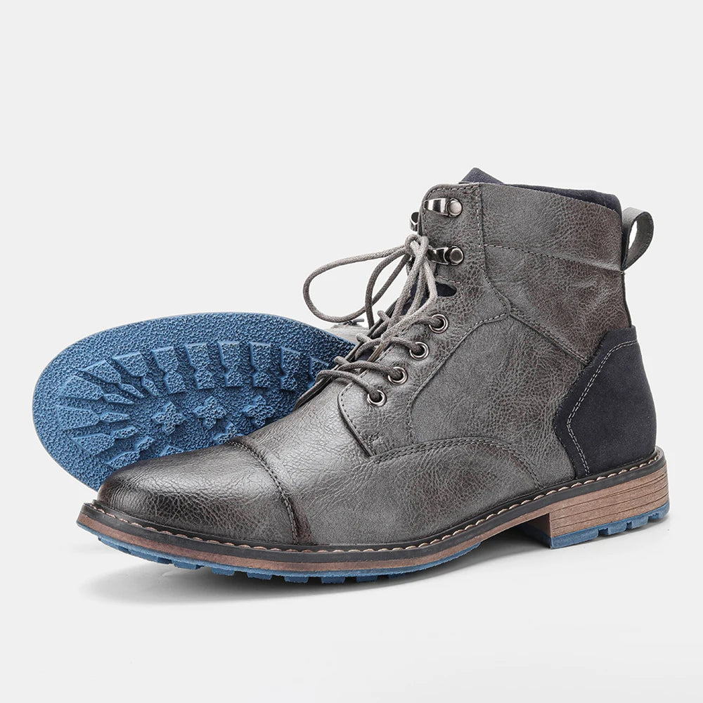 Classic Men's Spring Leather Ankle Boots With Zipper And Metal Decoration