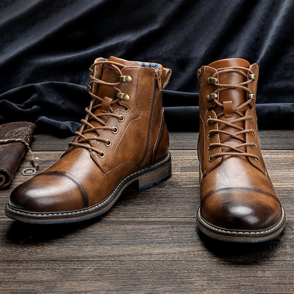 Classic Men's Spring Leather Ankle Boots With Zipper And Metal Decoration
