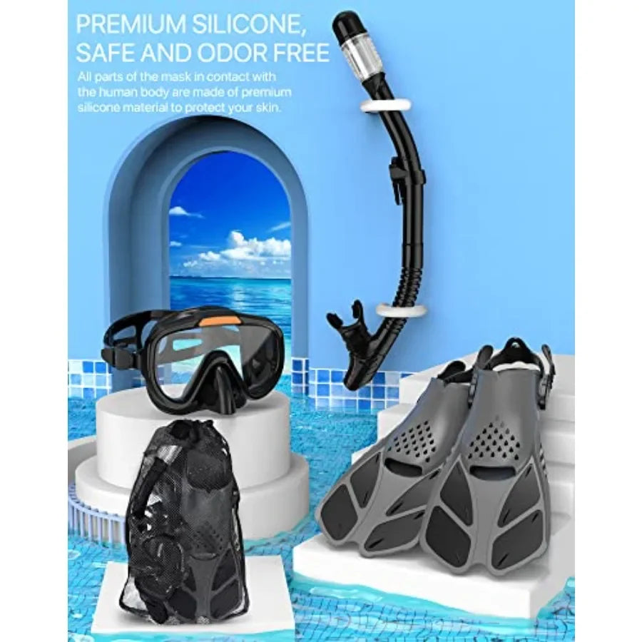 4-In-1 Snorkel Set With Panoramic View Mask Dry Top Snorkel