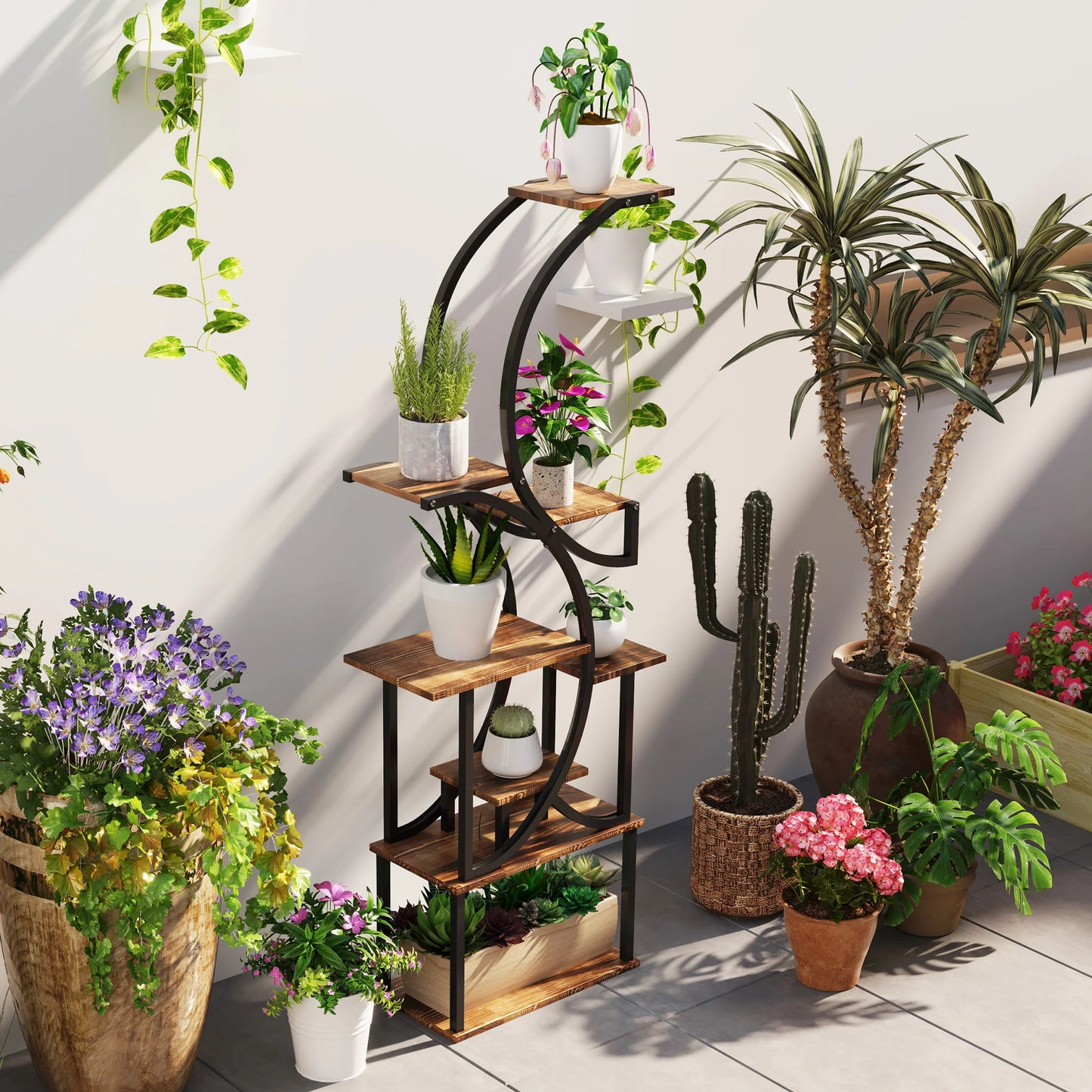 8 Tier Corner Plant Stand S Shaped Shelf Carbonized Finish
