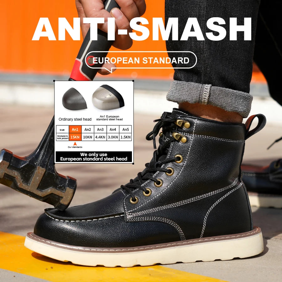 Two Layer Cowhide Men's Anti-Smash Anti-Puncture High Top Work Shoes