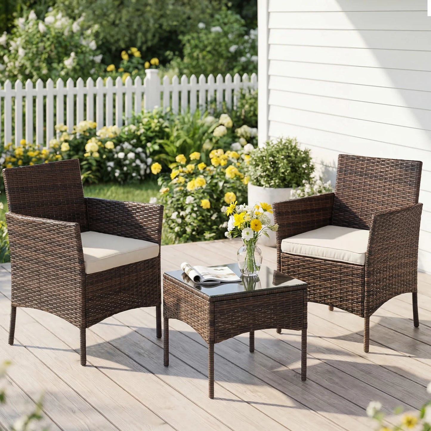 JHK Outdoor Patio Furniture Set With Wicker Chairs Glass Table