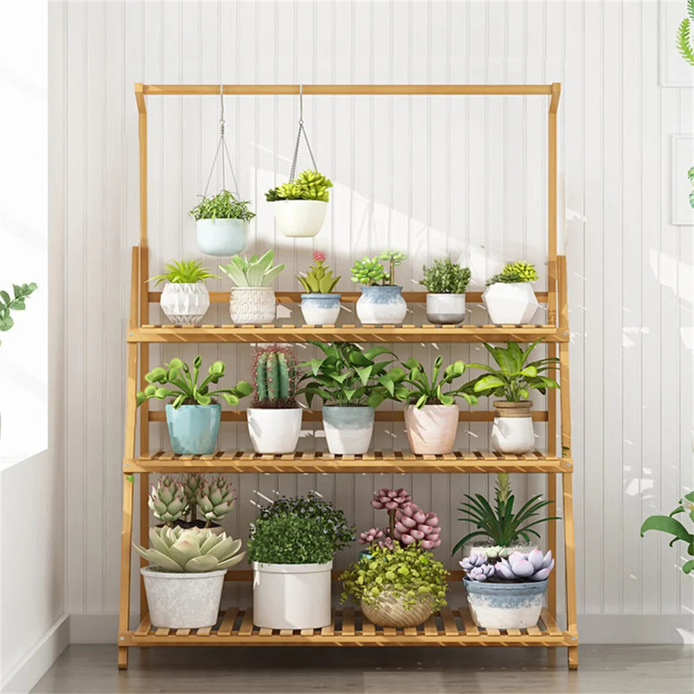 Folding Bamboo Plant Stand Three Tier Indoor Outdoor