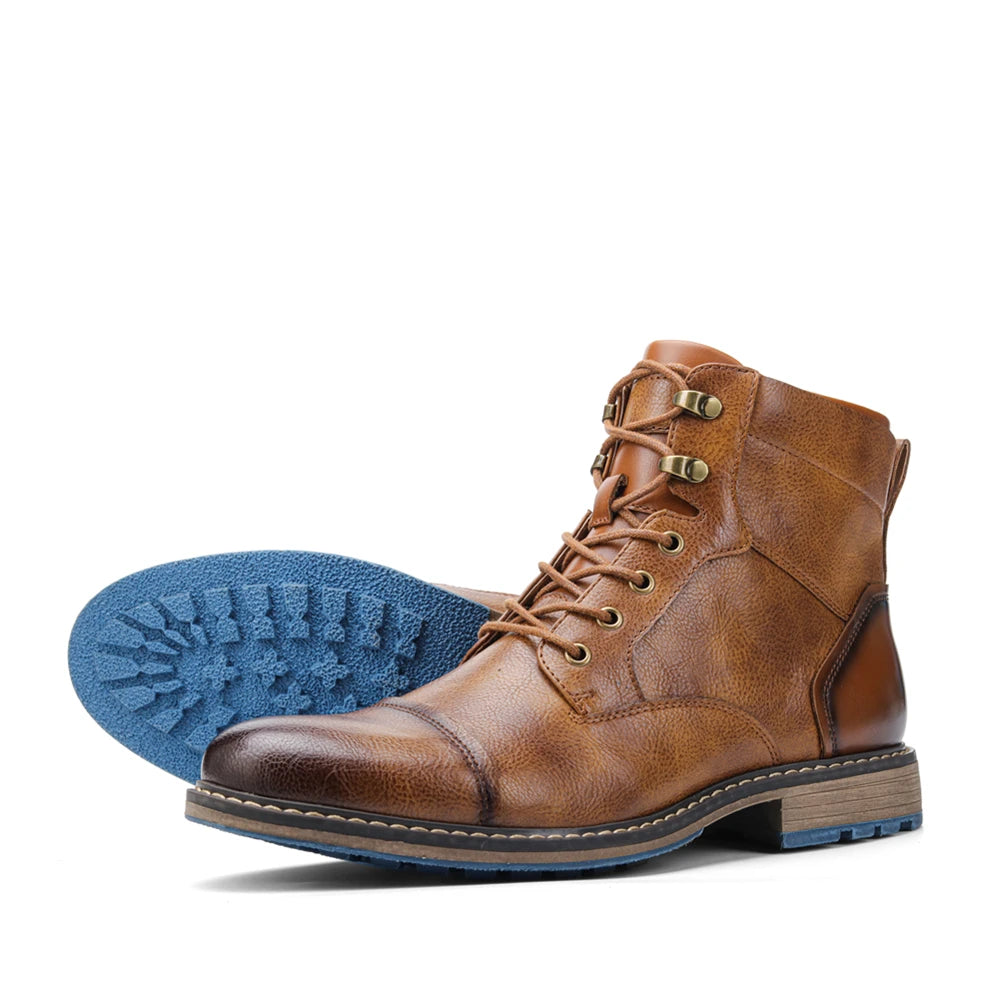 Classic Men's Spring Leather Ankle Boots With Zipper And Metal Decoration