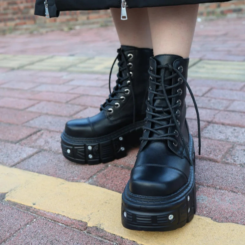 Women Gothic Motorcycle Boots With Metal Decoration And Platform