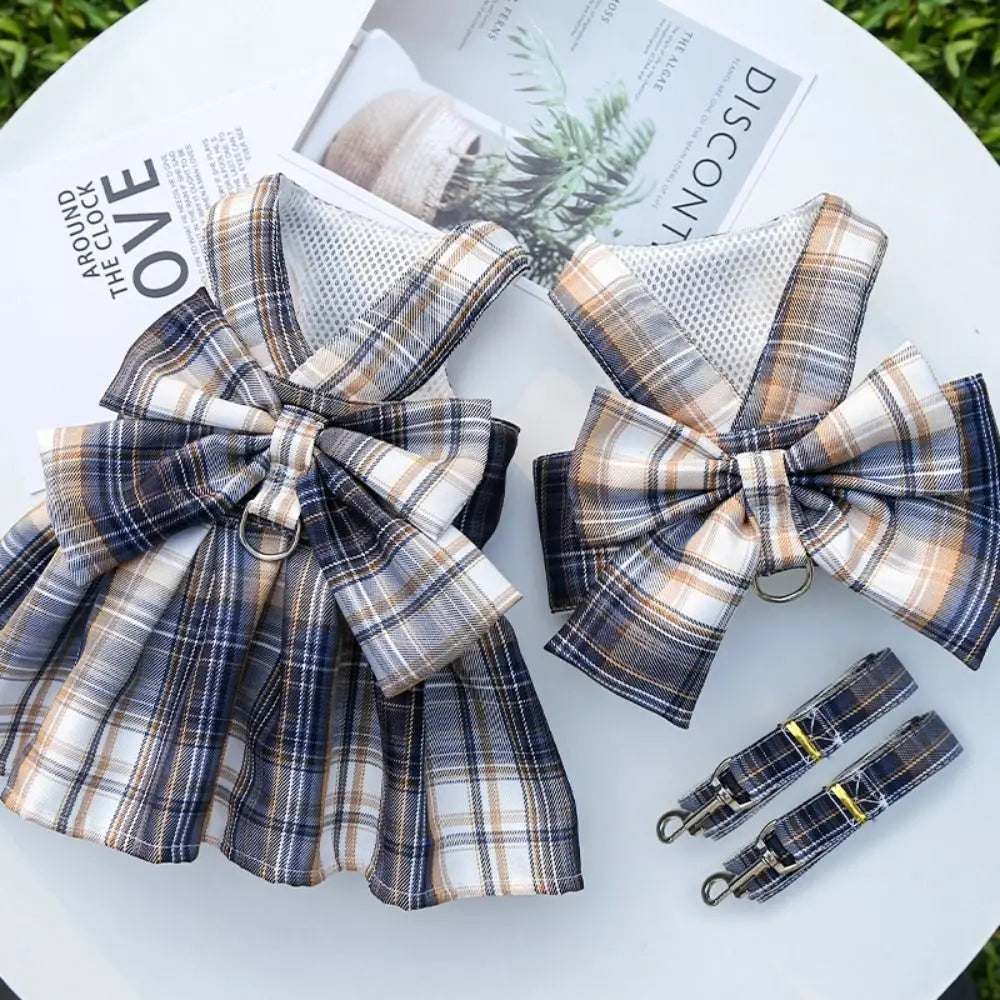 JK Style Pet Plaid Dacron Dress With Leash