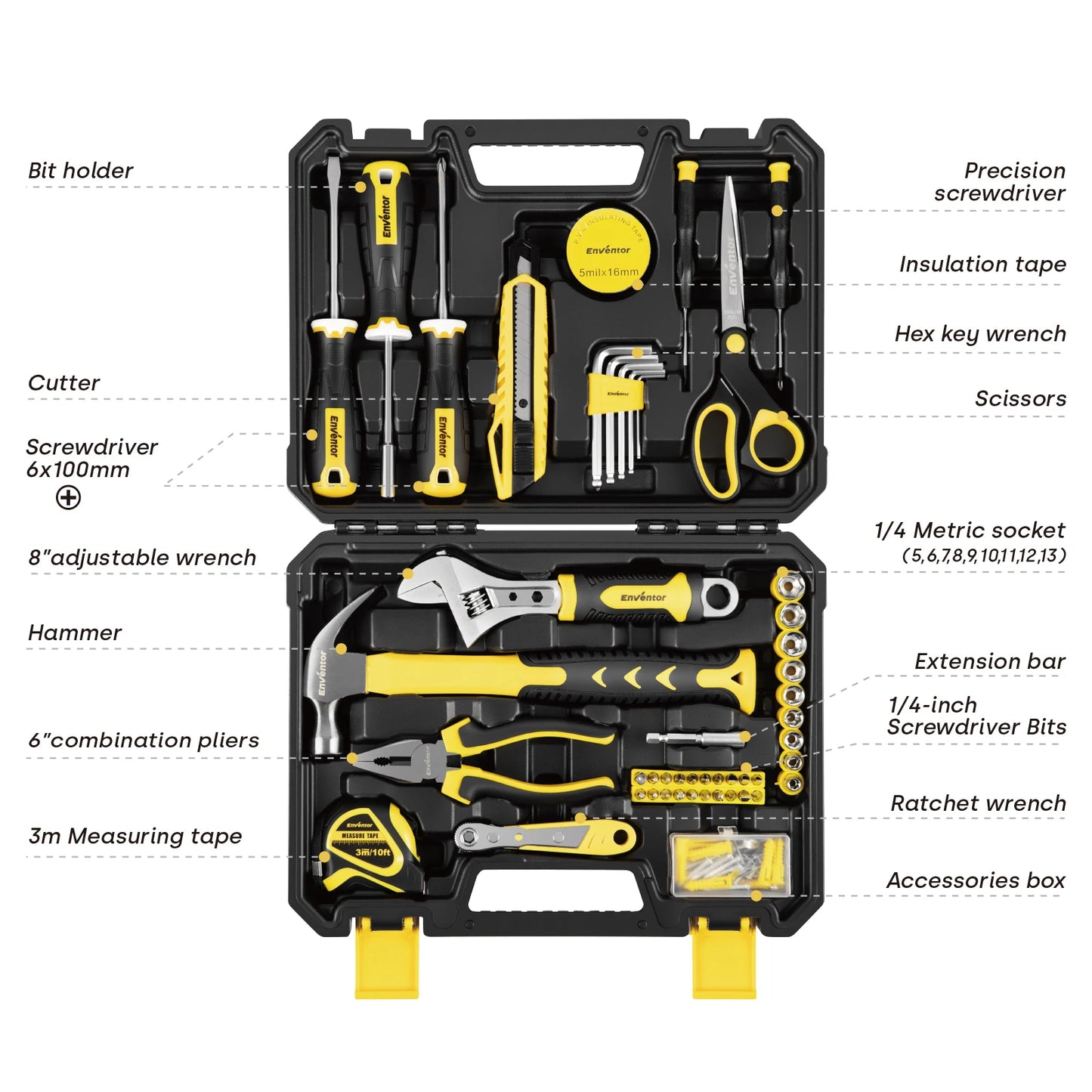 Enventor 90 Piece Home Tool Kit With Storage Box For DIY Projects