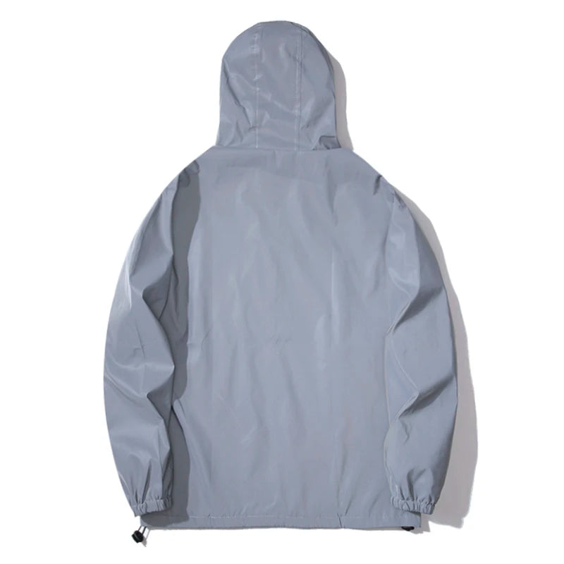 Night Reflective Windbreaker Hooded Jacket For Men Waterproof Zipper Coat