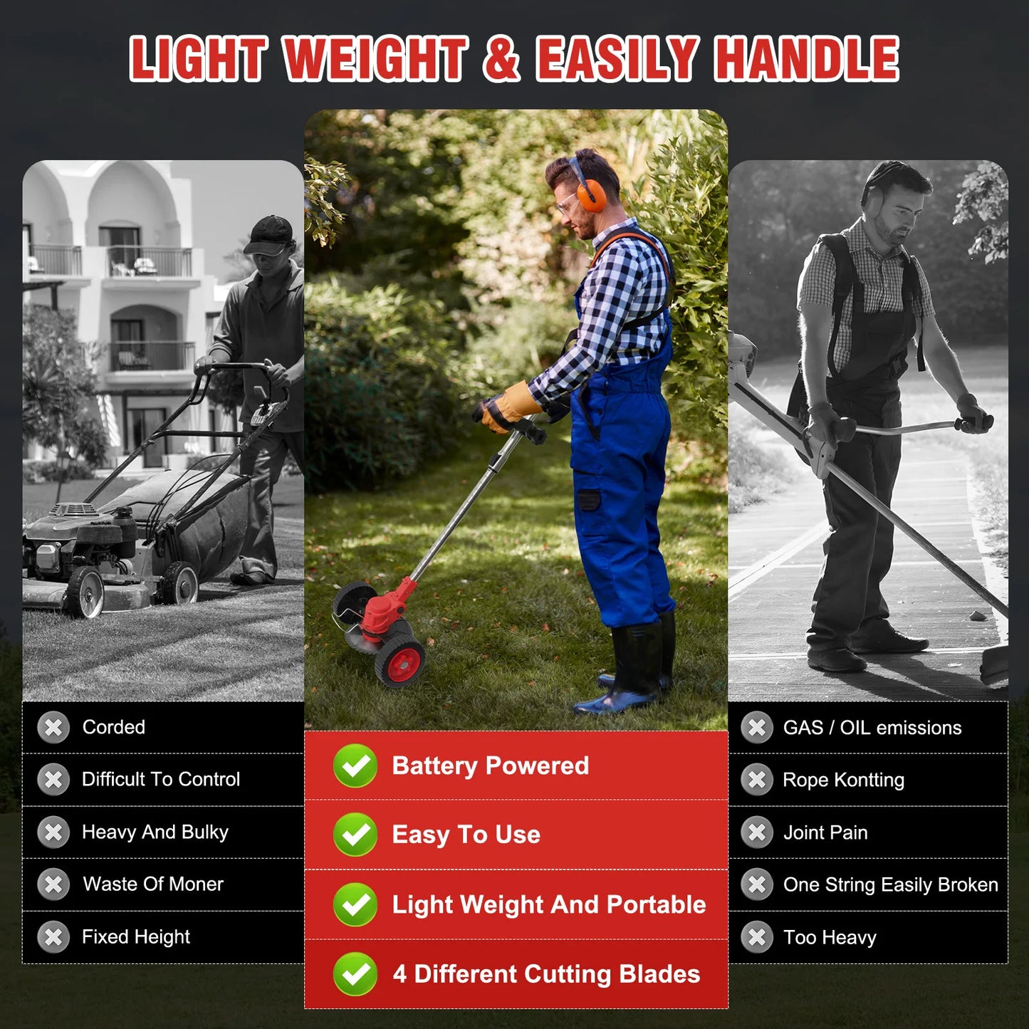 21V Cordless Lawn Mower and Trimmer 3-In-1 with 2x2.0Ah Batteries