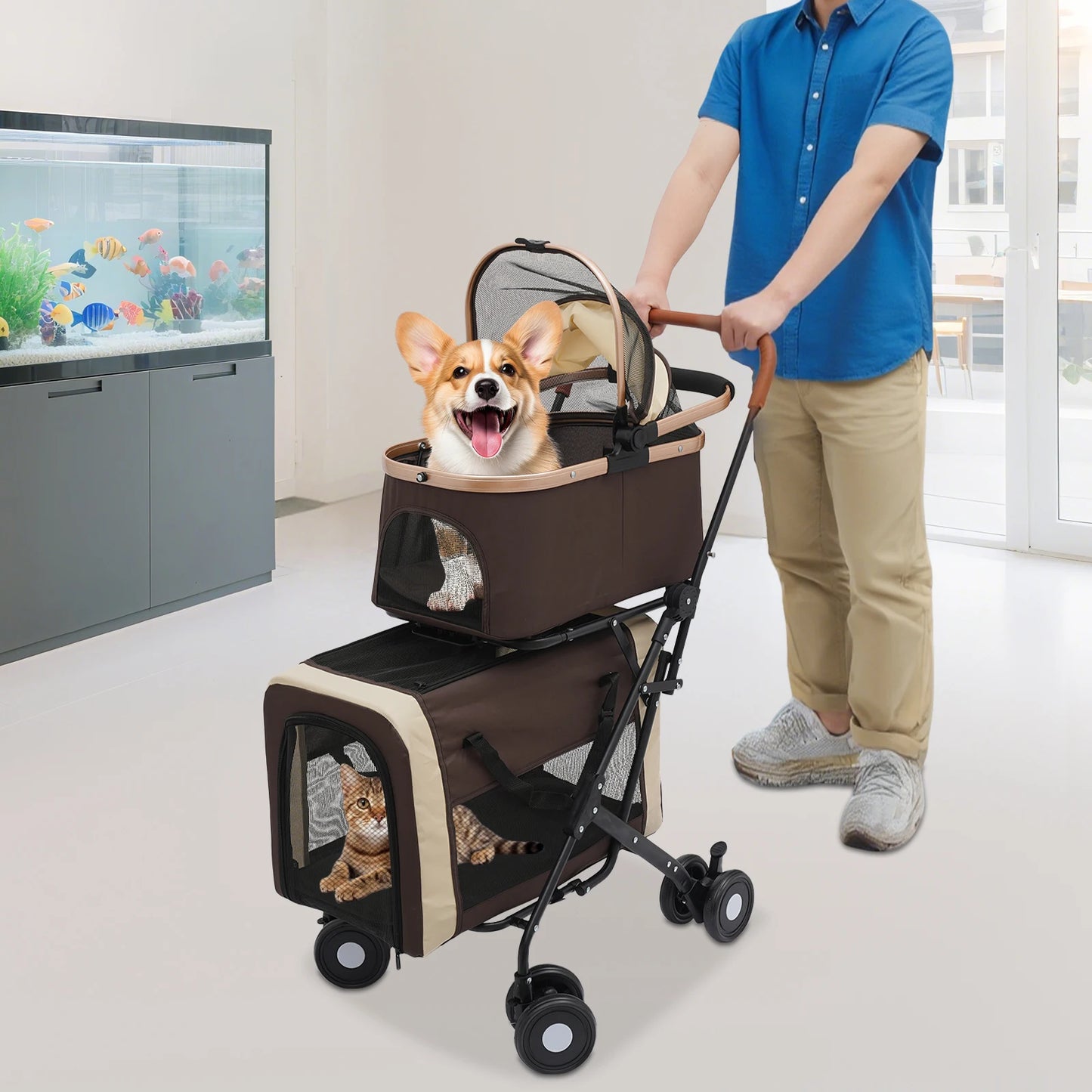 3-In-1 Foldable Pet Stroller With Carriers For Medium Dogs