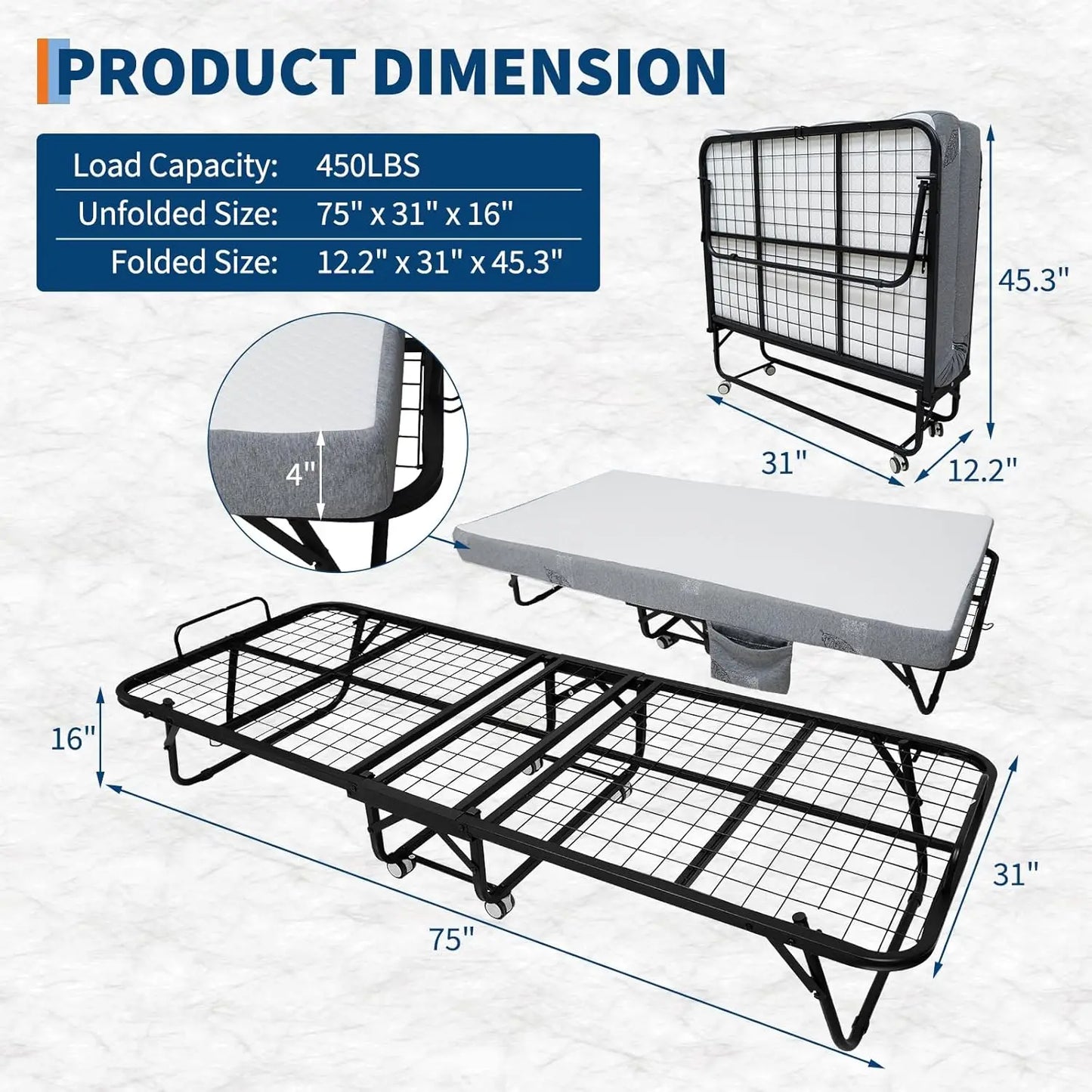 HiMISS Folding Bed With Mattress, Portable Rollaway Guest Bed