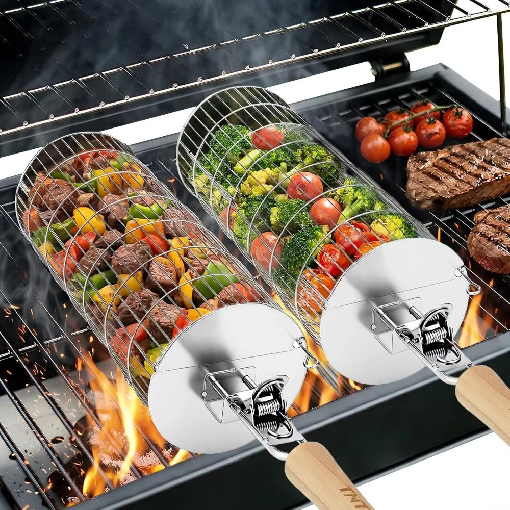 XIUWO Rolling Grill Basket Stainless Steel Removable Handle