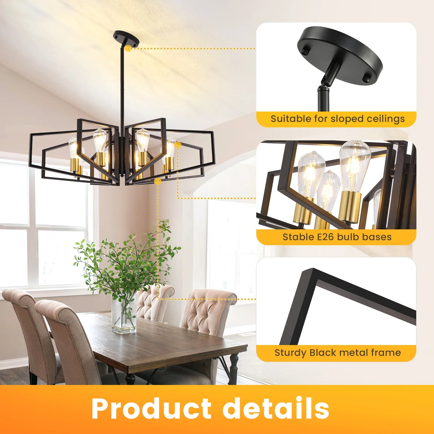 Geometric Eight Light Adjustable Chandelier With Metal Frame