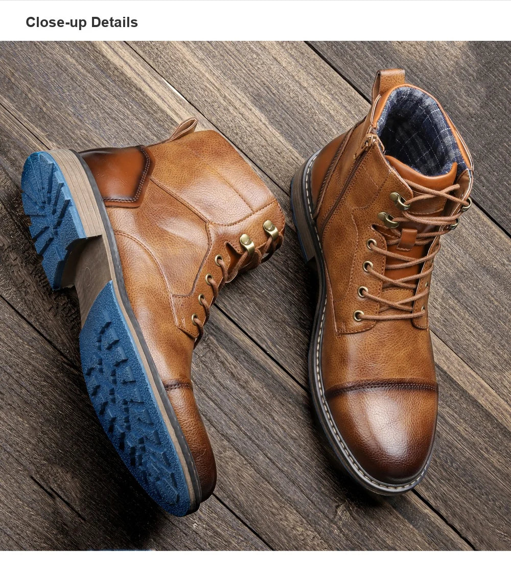 Classic Men's Spring Leather Ankle Boots With Zipper And Metal Decoration