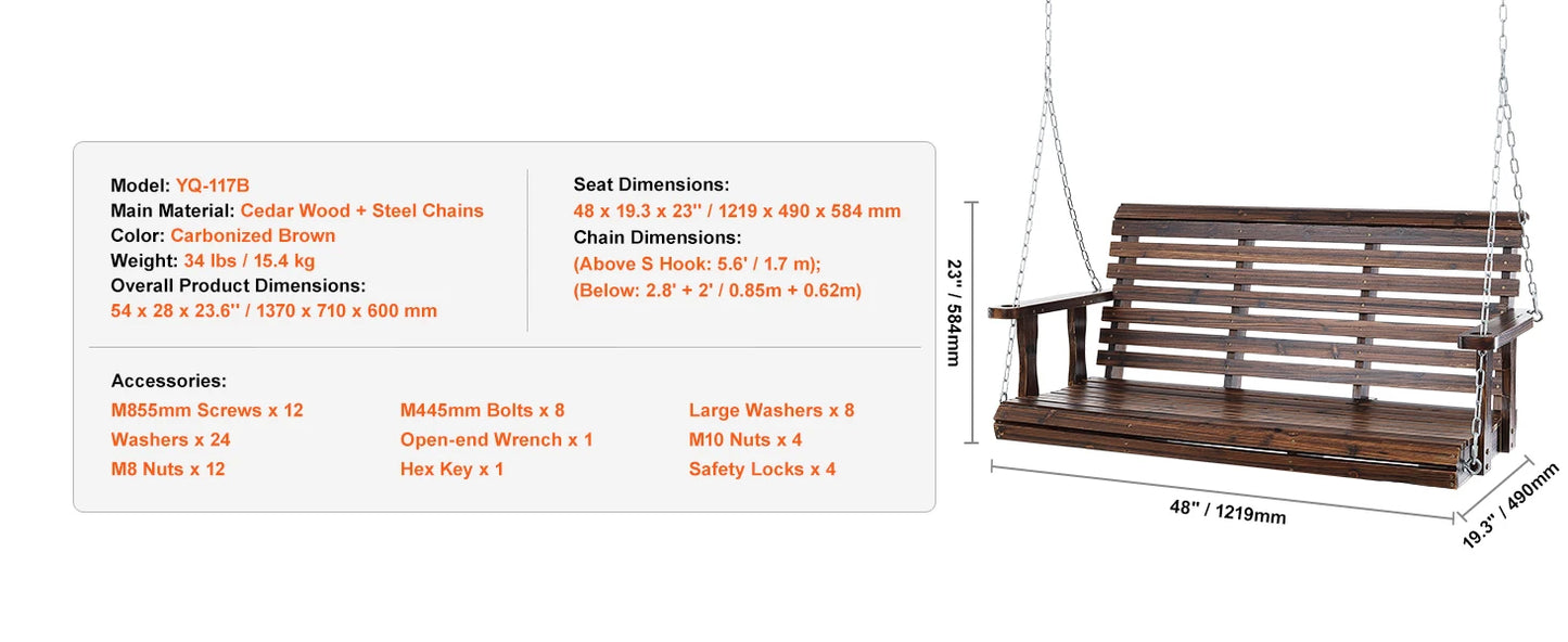 SucceBuy Wooden Porch Swing Outdoor Patio Garden Bench