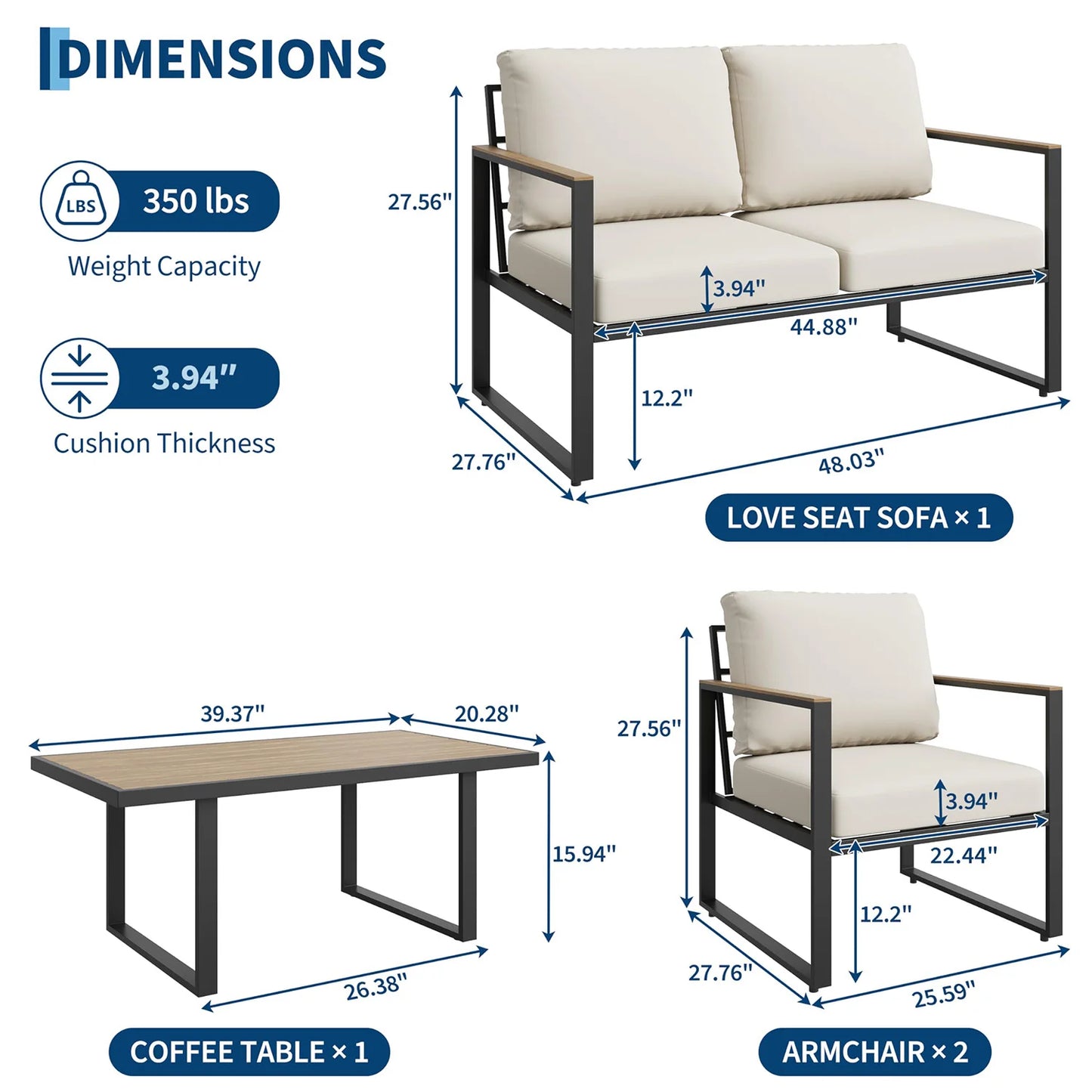 HobbyLane Modern 4 Piece Patio Furniture Set With Coffee Table