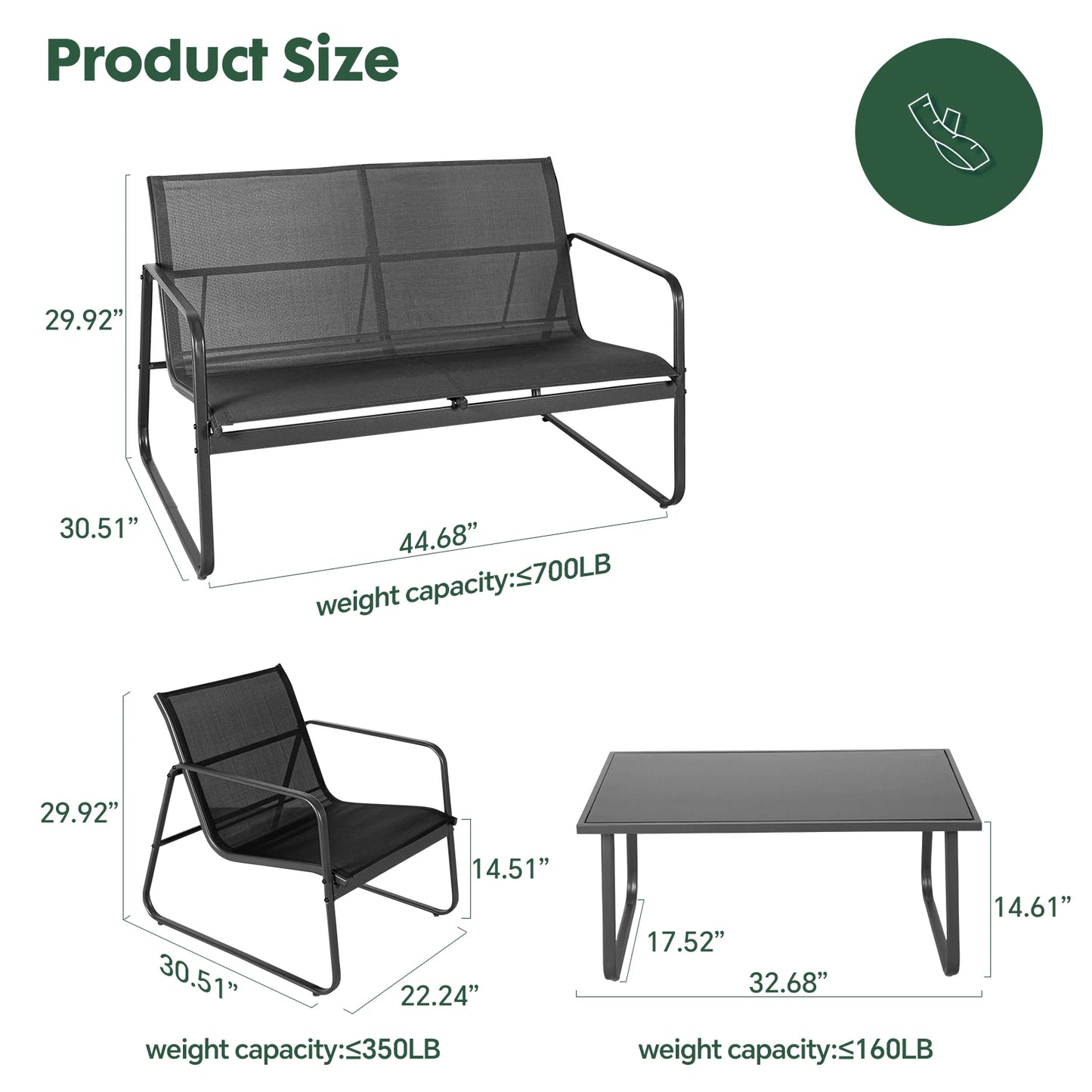 JHK Outdoor Patio Furniture 4-Piece Table Set With Mesh Back