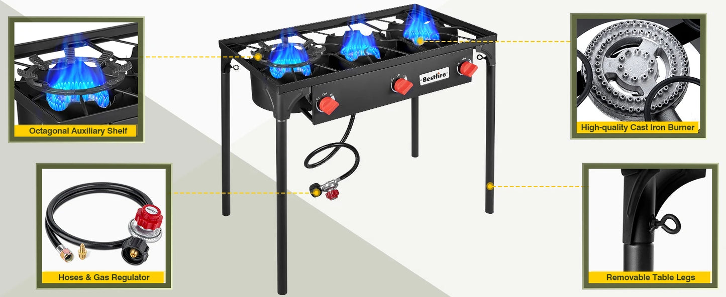 3 Burner Propane Camping Stove With Adjustable Regulator And Removable Legs