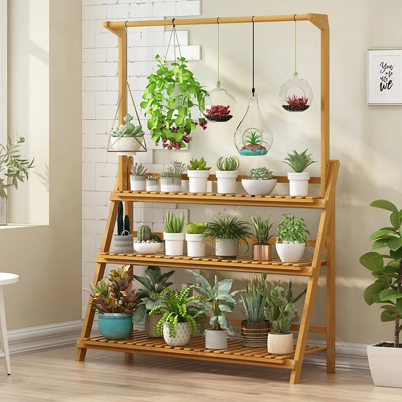 Folding Bamboo Plant Stand Three Tier Indoor Outdoor