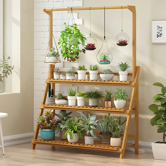 Folding Bamboo Plant Stand Three Tier Indoor Outdoor