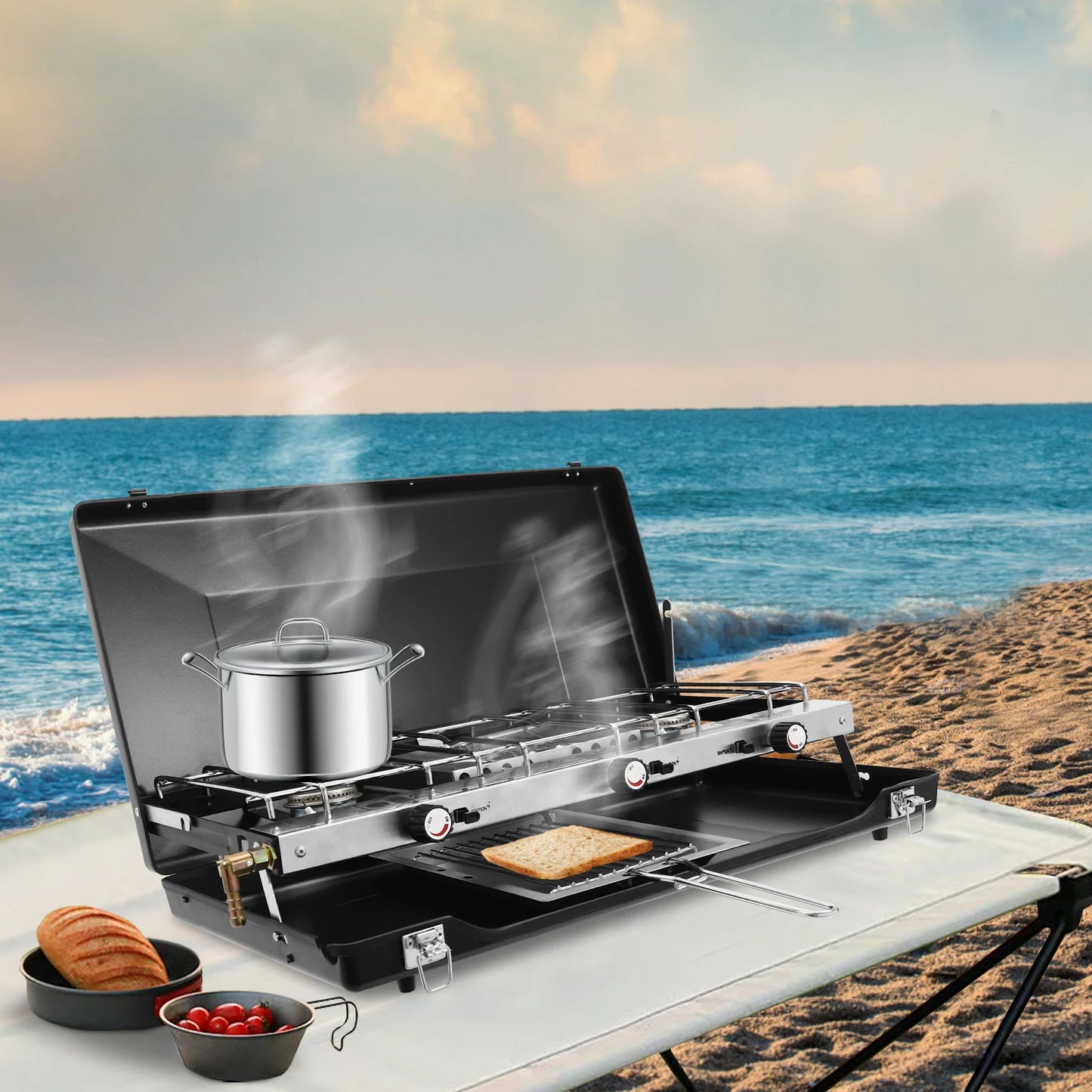 Portable 3-Burner Propane Gas Stove With Griddle Adjustable Windshield