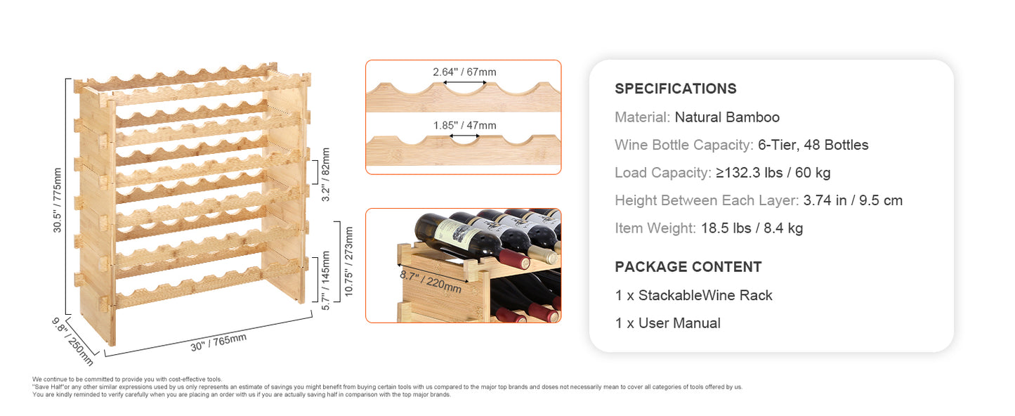 SucceBuy Bamboo Eight Tier Stackable Free Standing Wine Rack Display