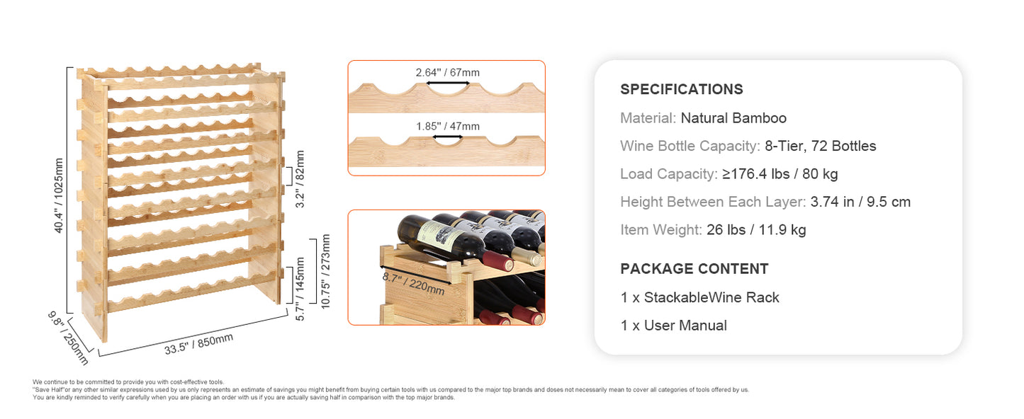 SucceBuy Bamboo Eight Tier Stackable Free Standing Wine Rack Display